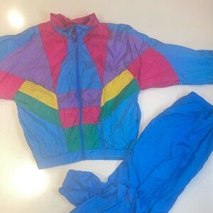 Vintage 80s Windbreaker Suit Set large Blue Pink color block Track suit